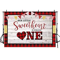MEHOFOTO Little Sweetheart One Birthday Photo Studio Background Rustic Wood Red and Black Grid Girl Happy 1st Birthday Valentine Party Decoration Banner Backdrops for Photography 7x5ft