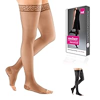 sheer & soft for Women, 30-40 mmHg Thigh High w/Lace Silicone Top Band Open Toe Compression Stockings, Natural, II-Standard