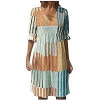 Women's 2023 Summer Casual Boho Dress Floral Print V Neck Ruffle Short Sleeve Babydoll Dresses Plus Size Tunic Dress