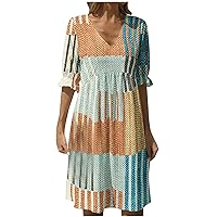 Womens 2024 Spring Summer Deep V Neck Ruffle Short Sleeve Vintage Print Mini Dress Casual Boho Beach Tshirt Dresses