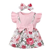 Toddler Girls Fly Sleeve Floral Prints Ribbed Princess Dress Headbands Clothes Set Little Girls Fall Clothes Size 5