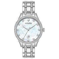 Bulova Ladies' Classic Crystal Stainless Steel 3-Hand Quartz Watch, White Mother-of-Pearl Dial Style: 96M144