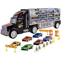 Toy Truck Transport Car Carrier Toy for Boys and Girls Age 3-10 yrs Old - Hauler Truck Includes 6 Cars and Accessories - Fits 28 Car Slots - Ideal Gift for Kids