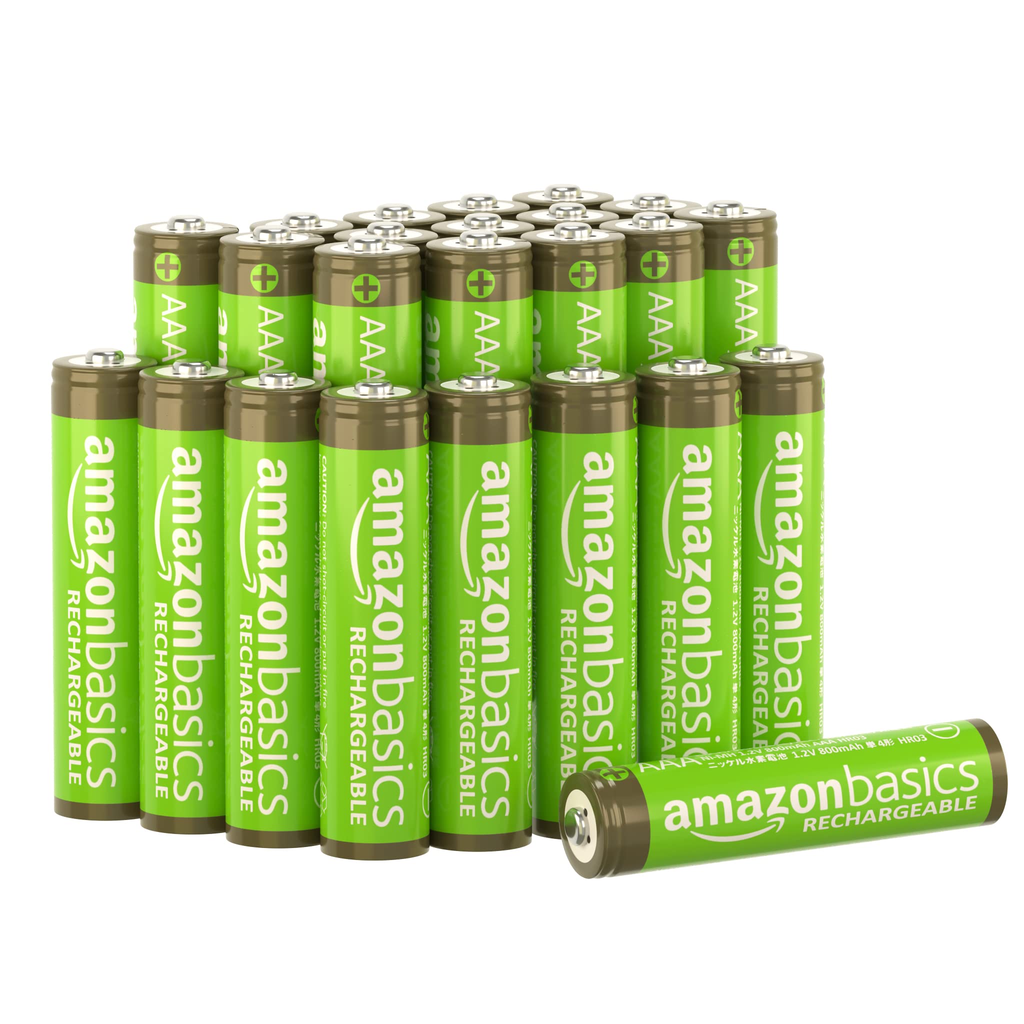 Amazon Basics 24-Pack Rechargeable AAA NiMh Performance Batteries, 800 mAh, Recharge up to 1000x Times, Pre-Charged