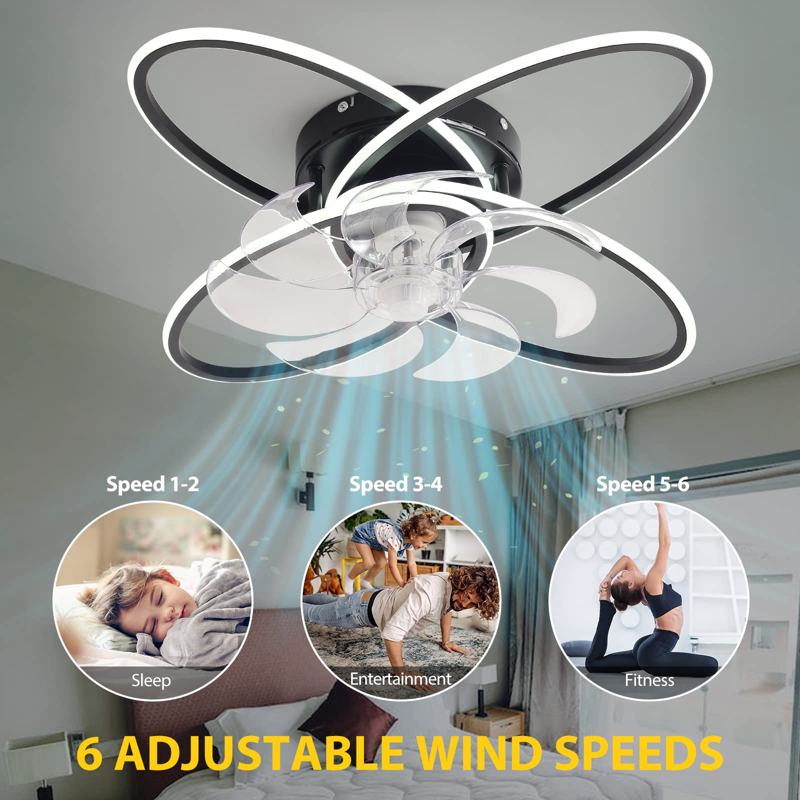 Panghuhu88 Flush Mount Bladeless Ceiling Fan with 3 Colors Dimmable Step-Less LED Light,Modern Low Profile Ceiling Fan with Remote Control 6 Speeds,Indoor Outdoor Bedroom Living Room (Black), 23.6inch