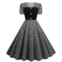 Women Polka Dot 1950s Prom Dress 50s 60s Rockabilly Dress Single-Breasted Short Sleeve Retro Cocktail A-Line Dress