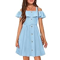 Arshiner Girls Dresses Summer Spaghetti Strap Cold Shoulder Ruffle Button Down A Line Dresses