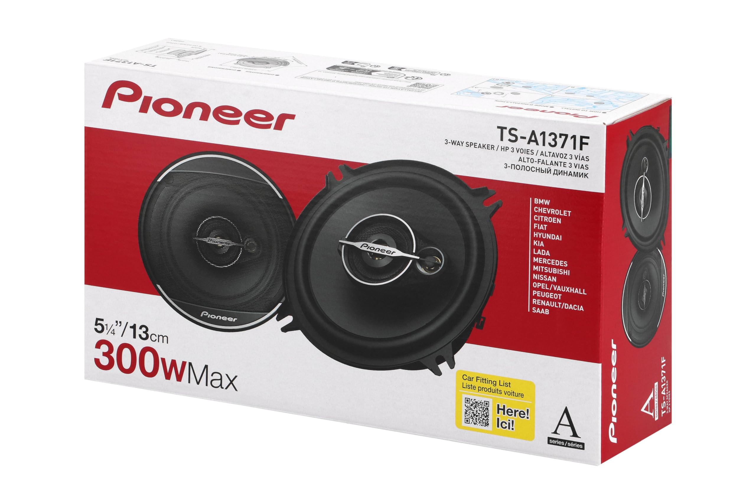 PIONEER A-Series TS-A1371F, 3-Way Coaxial Car Audio Speakers, Full Range, Clear Sound Quality, Easy Installation and Enhanced Bass Response, Black and Gold Colored 5.25” Round Speakers