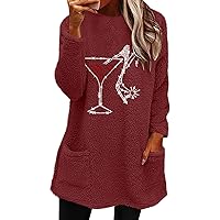 Women's Fashion Christmas Printing Casual Pocket Round Neck Warm Double Sided Velvet Long Sleeve T-Shirt Top, S-3XL