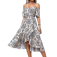 Summer Dresses for Women 2023 Allover Print Cold Shoulder Ruffle Hem Midi A-Line Dress