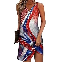 4th of July Dress Women Fashion Summer Casual Independence Day Printed Sleeveless V-Neck Drawstring Beach Party Dress