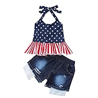 4th of July Toddler Girls Summer Outfits America Star Strap Backless Top Denim Shorts Jeans Independent Day Outfit Set