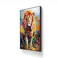 Vibrant Hand-Painted Lion Canvas Art, Majestic Wildlife Oil Painting, Colorful Safari Wall Decor with Easy DIY Frame, Regal Animal Portrait (Black Matte DIY Frame, Large: 32″x63″)
