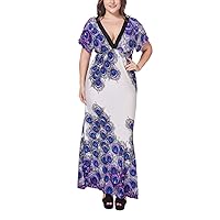 Women's Short Sleeve V Neck Floral Maxi Dress Empire Waist Bohemian Beach Long Dress