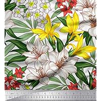 Poly Georgette White Fabric - by The Yard - 52 Inch Wide - Leaves & Lily Floral Print Material - Nature-Inspired and Graceful Designs for Various Uses Printed Fabric