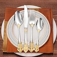 Gold Silverware Set 32 Piece Stainless Steel Golden Flatware Set for 8, Silver Tableware Set with Gold-Plated Trim, Eating Utensils for Home Kitchen Restaurant Hotel Housewarming Wedding Gift