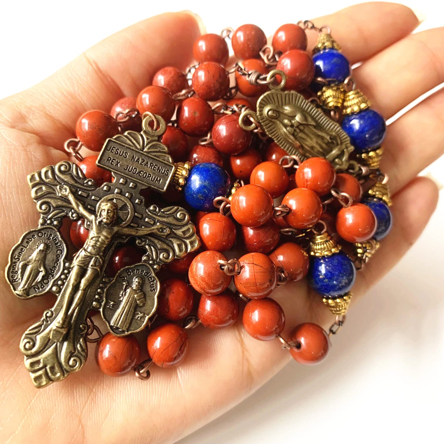 elegantmedical HANDMADE Catholic Red Carnelian Lapis lazuli beads Vintage Rosary Necklace Cross crucifix
