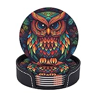 Color owl Pattern Printed Drink Coasters with Holder Leather Coasters Set of 6 Tabletop Protection Decorate Cup Mat for Coffee Table Bar Kitchen Dining Room