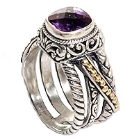 NOVICA Artisan Handmade 18k Gold Accented Amethyst Cocktail Ring .925 Sterling Silver Purple Indonesia Birthstone 'Spectacular Purple'