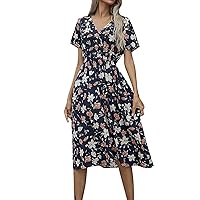 Women's Floral Wrap V-Neck Midi Dress Short Sleeve Boho Summer Beach Long Dress Flowy Hem Belted Dresses for Women