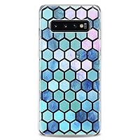 Case Compatible with Samsung S24 S23 S22 Plus S21 FE Ultra S20+ S10 Note 20 S10e S9 Slim fit Clear Girl Honeycomb Teal Print Cute Elegant Flexible Silicone Turquoise Geometric Design Tile Blue