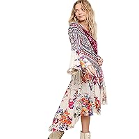 Umgee Womens Ruffled Long Body Kimono with a Multicolored Print (S, Floral Paisley)