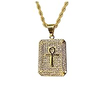 Men Women 14k Gold Finish Ankh Cross Diamond Ankh Cross Egyptian Dog Tag Ice Out Pendant Charm Pendant, Stainless Steel Real 2.5 mm Rope Chain, Mans Jewelry, Iced Pendant, Ankh Necklace