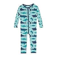KicKee Print Convertible Sleeper, Long Sleeve Footless Bodysuit, One-Piece Ultra Soft Sleepwear (Summer Sky Shark - 0-3 Months)