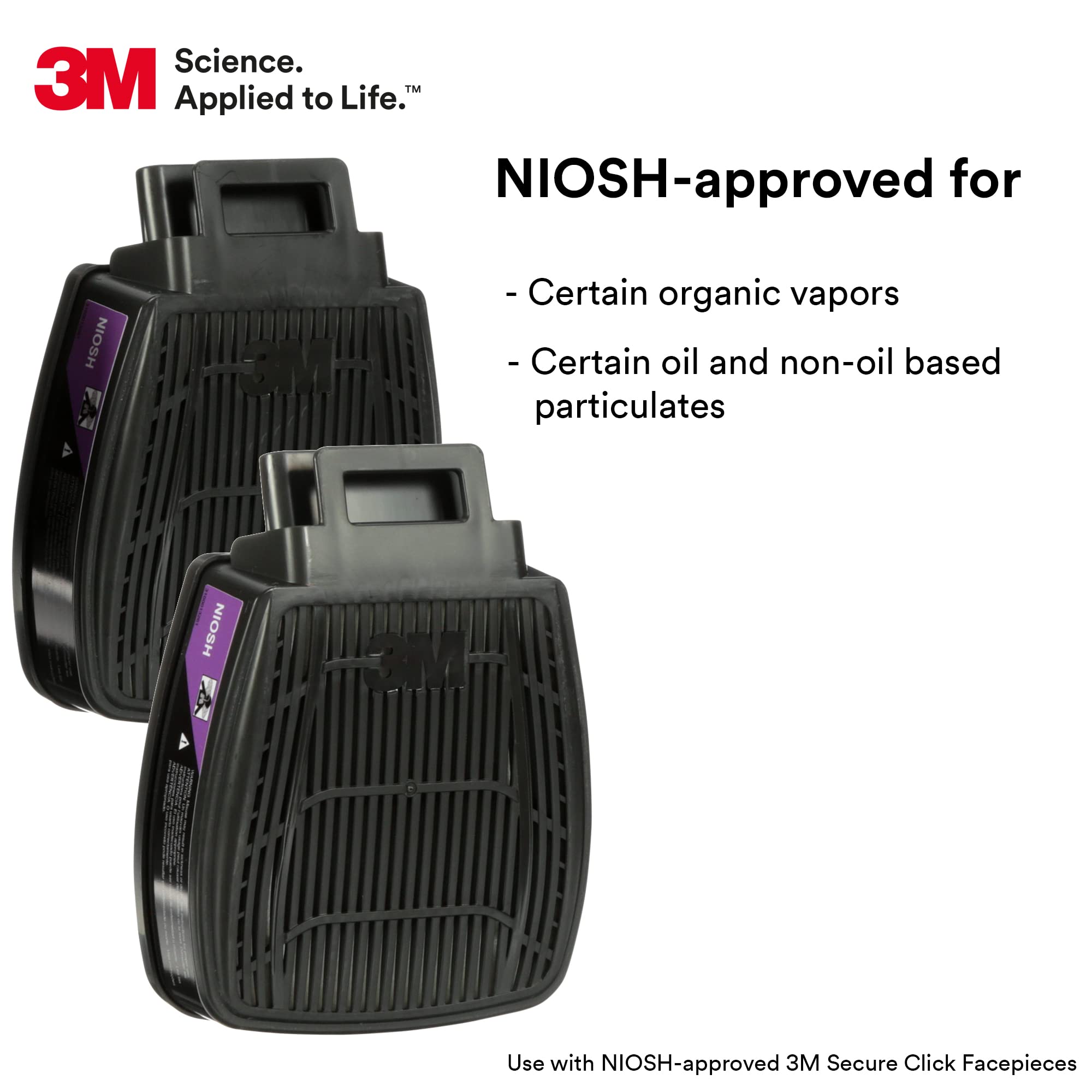 Secure Click P100 Respirator Cartridge/Filter, Secure Click D80921 Organic Vapors Combination Cartridge, NIOSH Approved, Dual-Flow for Greater Breathability and Comfort, 1 Pair