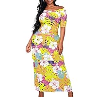 Womens 2 Piece Outfit Hawaiian Print Sexy Off Shoulder Summer T-Shirt Top Long Dress Set