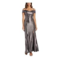 Womens Stretch Slitted Zippered Cross-Front Spaghetti Strap Off Shoulder Full-Length Formal Gown Dress