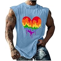 Men Rainbow Heart Print Tank Tops Summer Sleeveless Tee Breathable Quick Dry Crew Neck Workout Shirt Casual Beach Top