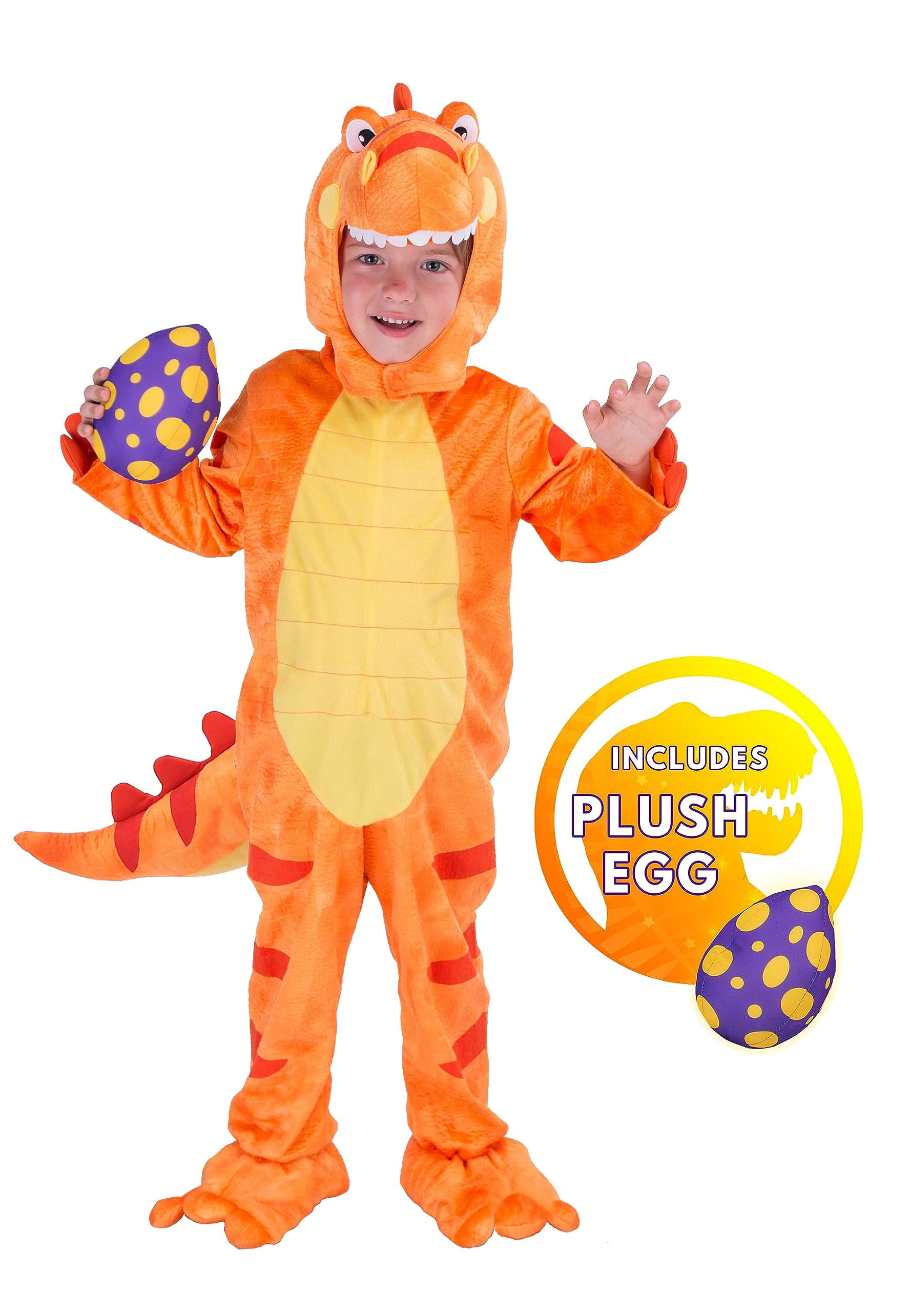 Spooktacular Creations Child Orange Dinosaur T-Rex Costume with Toy Dinosaur Egg for Halloween Dress up, Dinosaur Theme Party (Small (5-7 yrs))