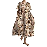 Womens Flowy Oversized Baggy Boho Floral Cotton Linen Maxi Dresses Summer Casual Loose Long Dress with Pockets