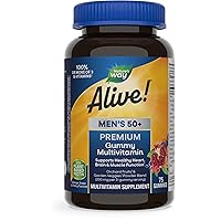 Nature’s Way Alive! Men’s 50+ Premium Gummy Multivitamin, Supports Healthy Heart, Brain & Muscel Function*, B-Vitamins, Vegetarian, Grape, Orange and Cherry Flavored, 75 Gummies (Packaging May Vary)