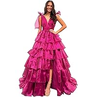 Women's Ruffle Tulle Prom Dress Long Ball Gown Ruched V Neck Formal Evening Dresses with Slit