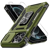 DEERLAMN for iPhone 13 Pro Max Case with Slide Camera Cover+Screen Protector(1 Pack),Rotated Ring Kickstand Military Grade Shockproof Protective Cover 6.7 Inch-Olive Green