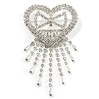 Bridal Crystal Heart Tassel Brooch (Silver Tone)