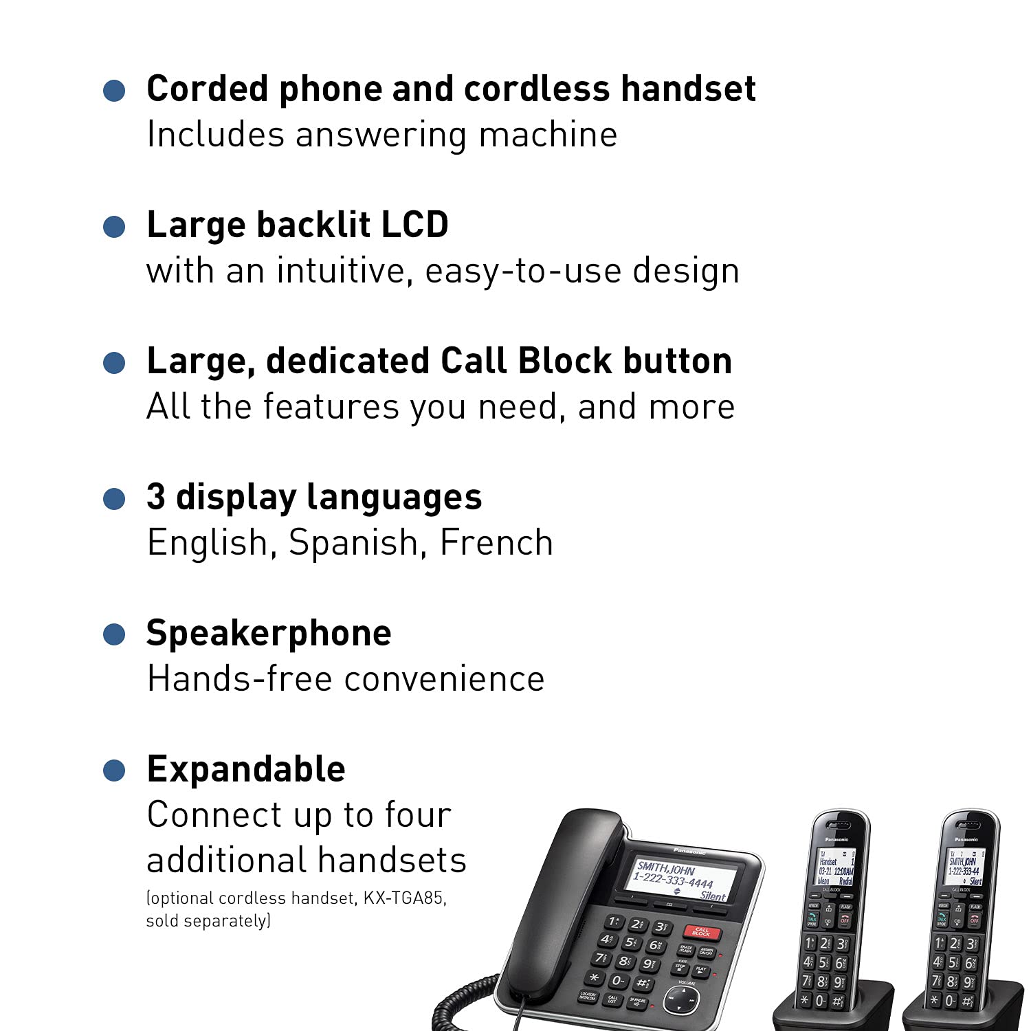 Panasonic Expandable Corded/Cordless Phone System with Answering Machine and One Touch Call Blocking – 2 Handsets - KX-TGB852B (Black)