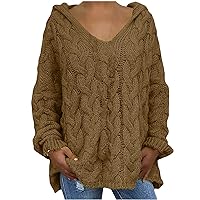 Womens Cable Knit Sweater Fall Oversized V Neck Hooded Pullover Tunic Color Block Long Sleeve Chunky Blouses Tops