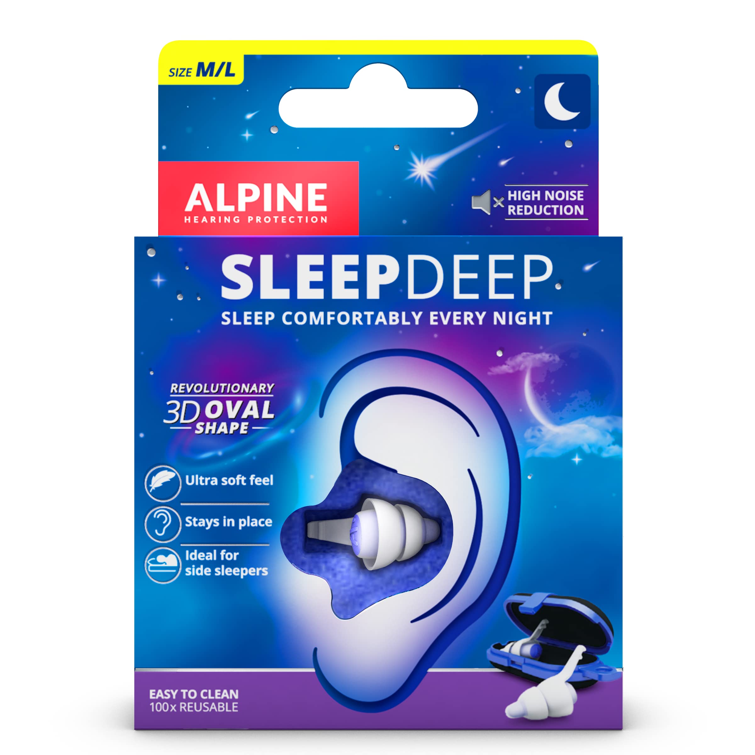 Alpine SleepDeep - Soft Ear Plugs for Sleeping and Concentration - New 3D Oval Shape and Noise Reducing Gel for Better Attenuation - 27 dB - Ideal for Side Sleeper - 1-Pair Reusable: M/L
