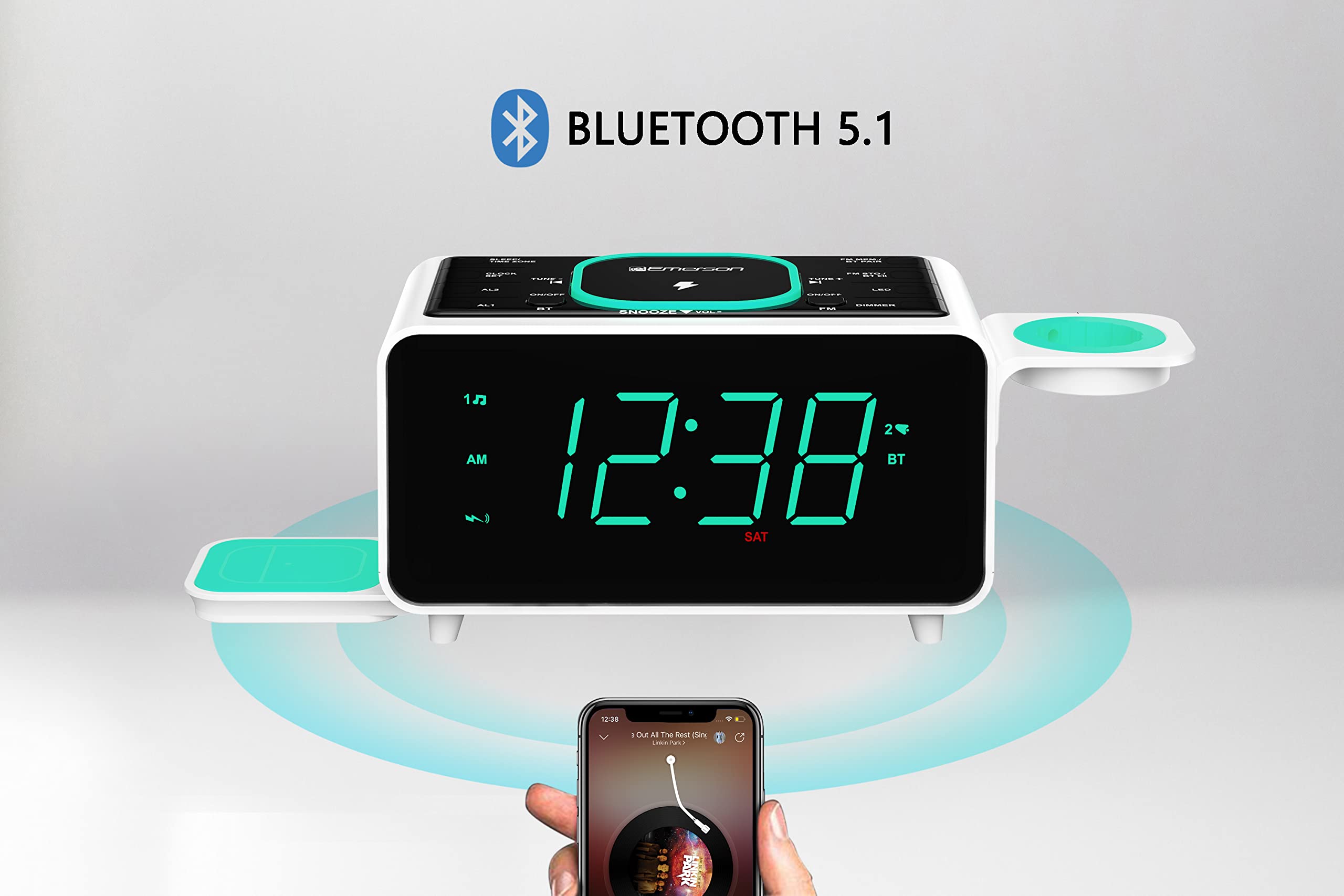 Emerson Smartset Dual Alarm Clock FM Radio with Wireless Charging, Bluetooth Speaker, Ultra Fast Charging for Airpods/iPhone, Foldable Stand, USB Charger, Adjustable LED Glow, ER100501