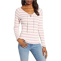 Lucky Brand womens Stripe Lace-up Henley Top Shirt, Coral Stripe, Small US