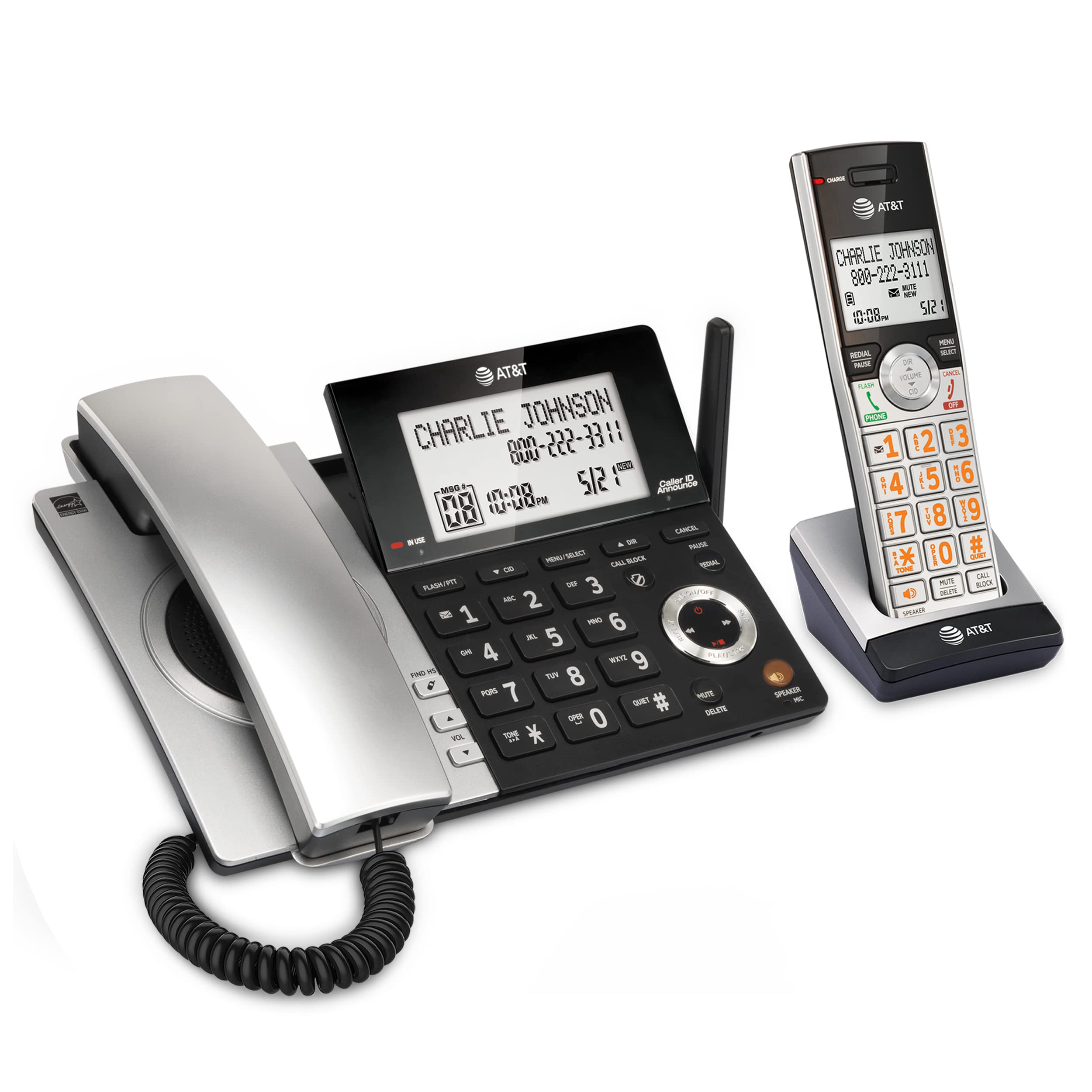 AT&T CL84107 DECT 6.0 Expandable Corded/Cordless Phone with Smart Call Blocker, Black/Silver with 1 Handset
