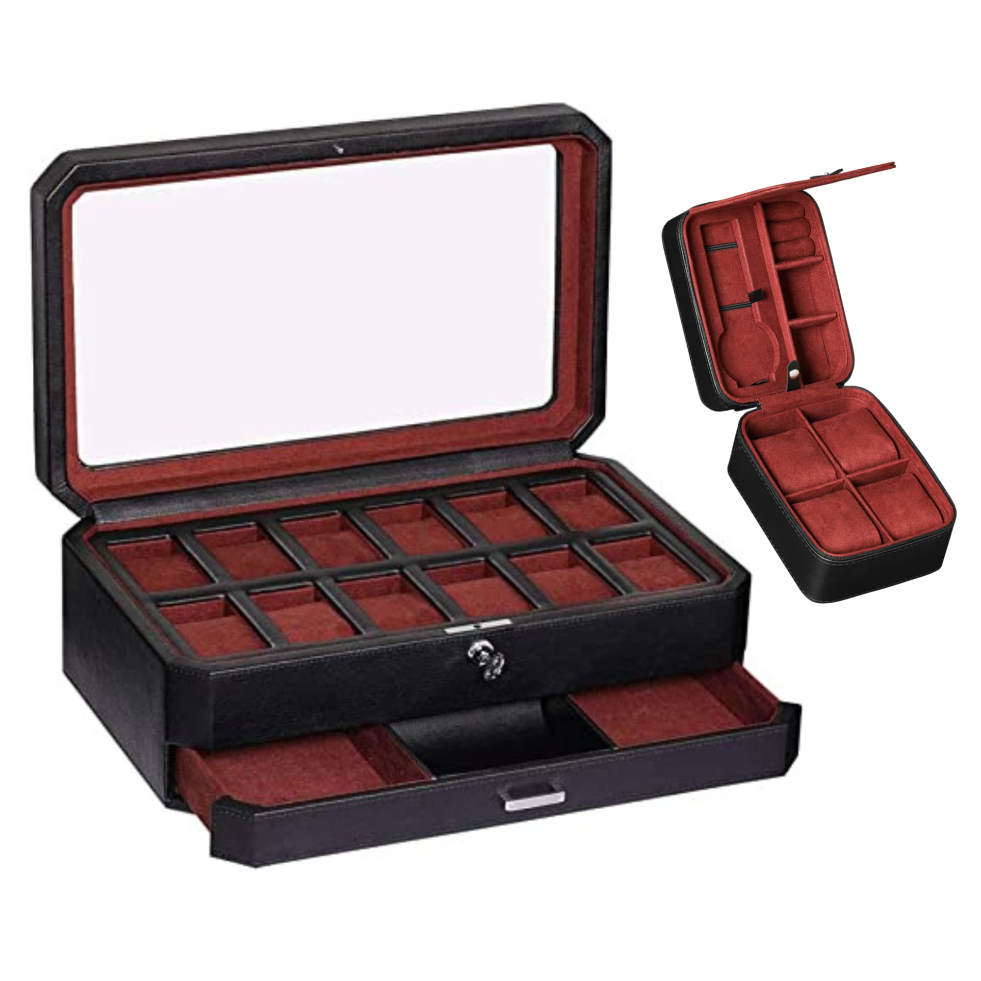 Gift Set 12 Slot Leather Watch Box with Valet Drawer & Matching 5 Watch Travel Case - Luxury Watch Case Display Organizer, Locking Mens Jewelry Watches Holder, Men's Storage Boxes Glass Top Black/Red