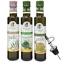 Ariston Specialties Infused Olive Oil Set - Bundle With (1) 8.45oz Garlic Infused Olive Oil, (1) 8.45oz Tuscan Herbs Flavored Olive Oil, (1) 8.45oz Pesto Olive Oil and (1) Wyked Yummy Stainless Steel Olive Oil Dispenser Spout