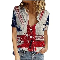 Ldies Short Sleeve Independence Day American USA Flag Patriotic Shirts 4Th of July Linen Shirts Blouse Plus Size