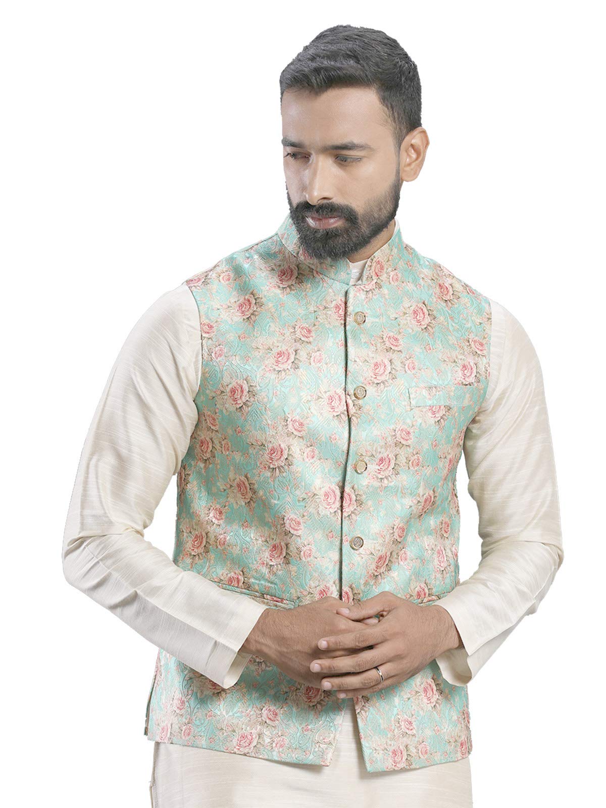 Elina fashion Men's Indian Cotton Kurta Pajama And Printed Nehru Jacket (Waistcoat) Indian Wedding Ethnic Diwali Puja Set