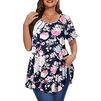 MONNURO Women's Plus Size Tops Pleated Tunic Tops For Women Casual Summer Short Sleeve Shirts(Flower02,5X)