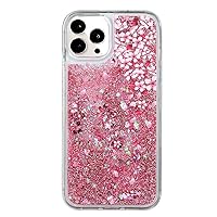 Spevert for iPhone 13 Pro Max Case Luxury Glitter Liquid Floating Quicksand Peach Blossom Print Transparent Twinkle Case for Women Girls Slim Cute Protective Case 6.7 Inch